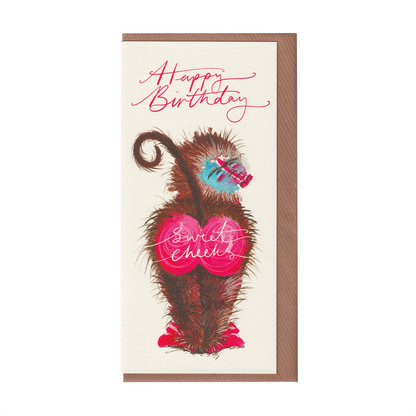 A funny baboon happy birthday greetings card with the words 'sweet cheeks'. It features a big-bottomed baboon on an extra special greeting card. The card includes a cut-out bookmark inside with a banana illustration. DL in size. Bella & The Moon gifts and stationery 
