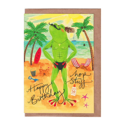 A Birthday card featuring a frog wearing speedos on a beach. Includes a pun. Funny animal themed illustration. A5 in size. Bella & The Moon gifts and stationery