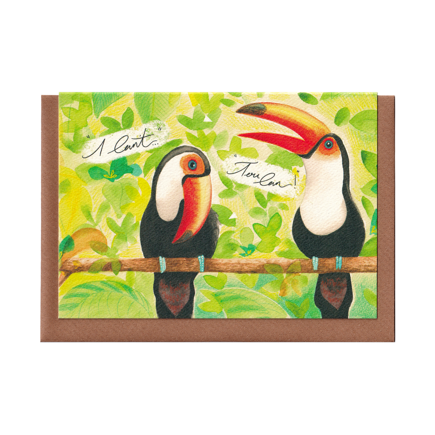 I Can’t, Tou-can greetings card featuring a colourful toucan illustration, A6 size, 300gsm premium card stock, designed by Bella & The Moon, perfect for motivational and humorous stationery gifts.