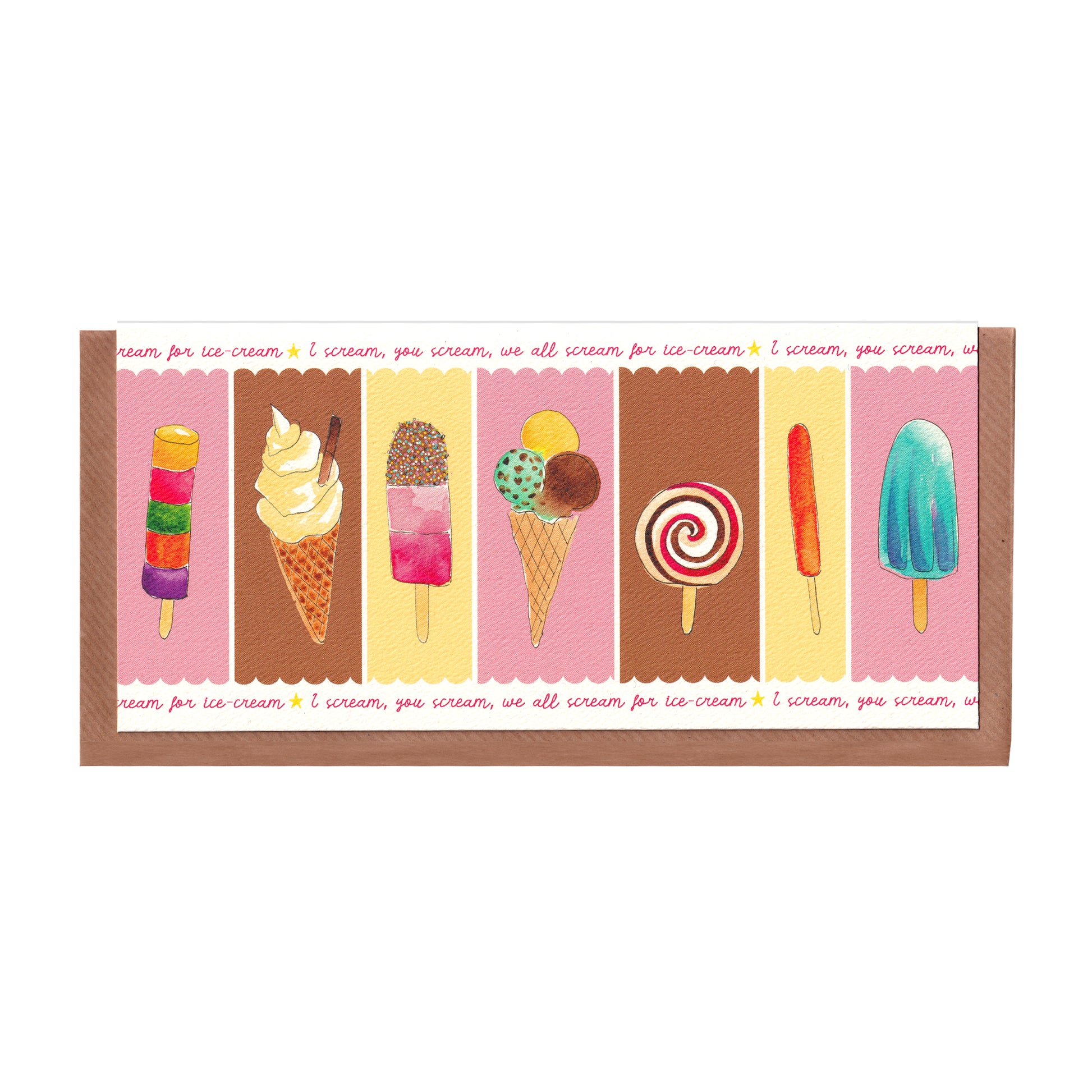 Ice-Cream greetings card featuring illustrated colourful classic ice-creams, perfect for birthdays, summer celebrations, and sweet treat lovers, 10cm x 21cm size, 300gsm premium card stock, designed by Bella & The Moon.