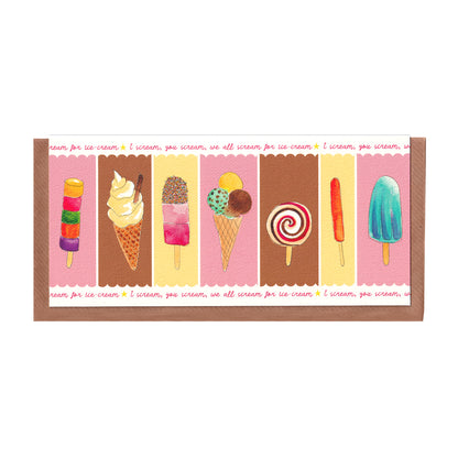 Ice-Cream greetings card featuring illustrated colourful classic ice-creams, perfect for birthdays, summer celebrations, and sweet treat lovers, 10cm x 21cm size, 300gsm premium card stock, designed by Bella & The Moon.