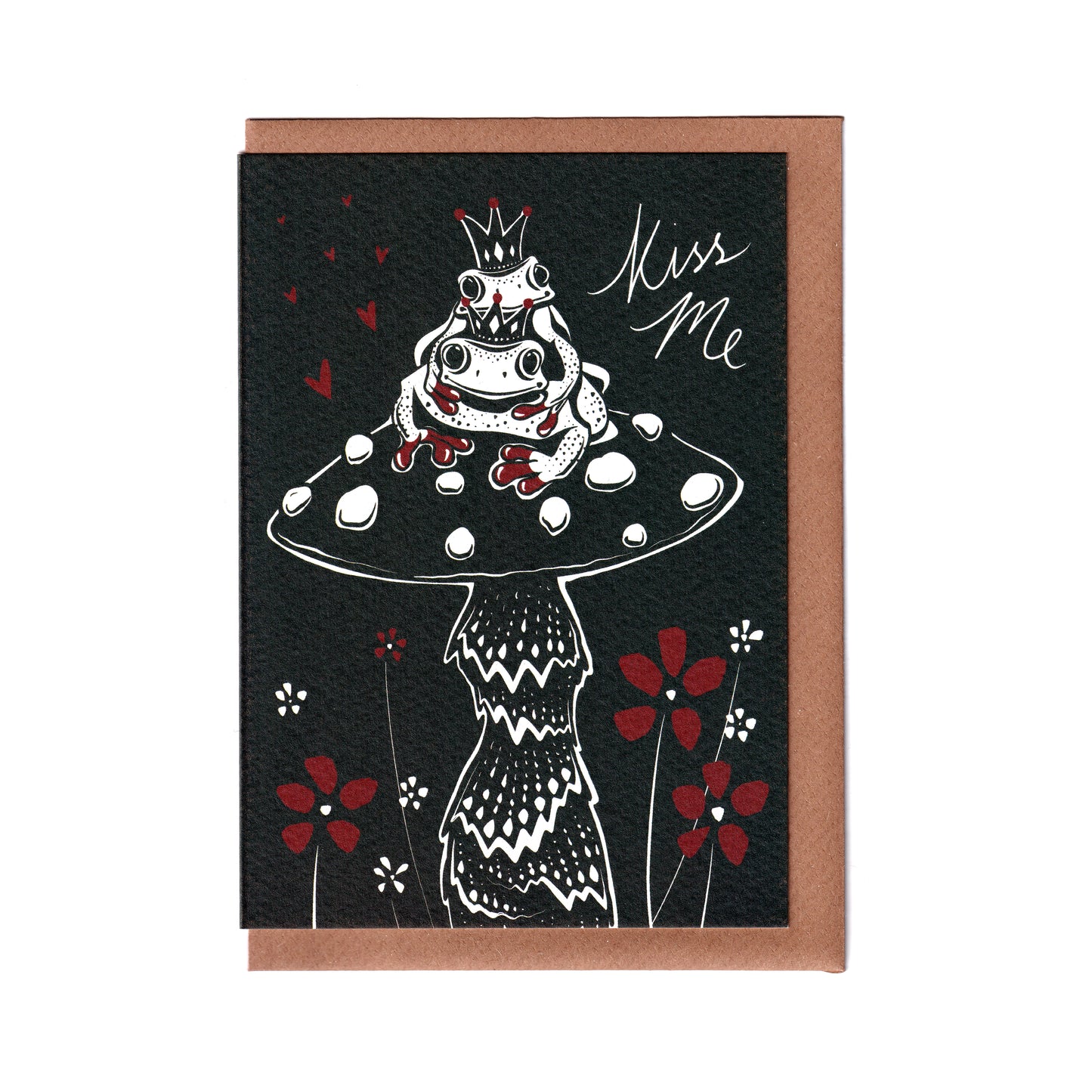 Kiss Me - Frogs greetings card featuring cute frog illustration and love-themed design, perfect for Valentine's Day, anniversaries, or romantic celebrations, A6 size, 300gsm premium card stock, designed by Bella & The Moon.