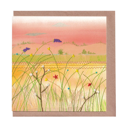 If Smiles Were Sunflowers greetings card featuring a cheerful dusky pink embroidered meadow design, perfect for sending happiness and positivity, 14cm x 14cm size, 300gsm premium card stock, designed by Bella & The Moon.