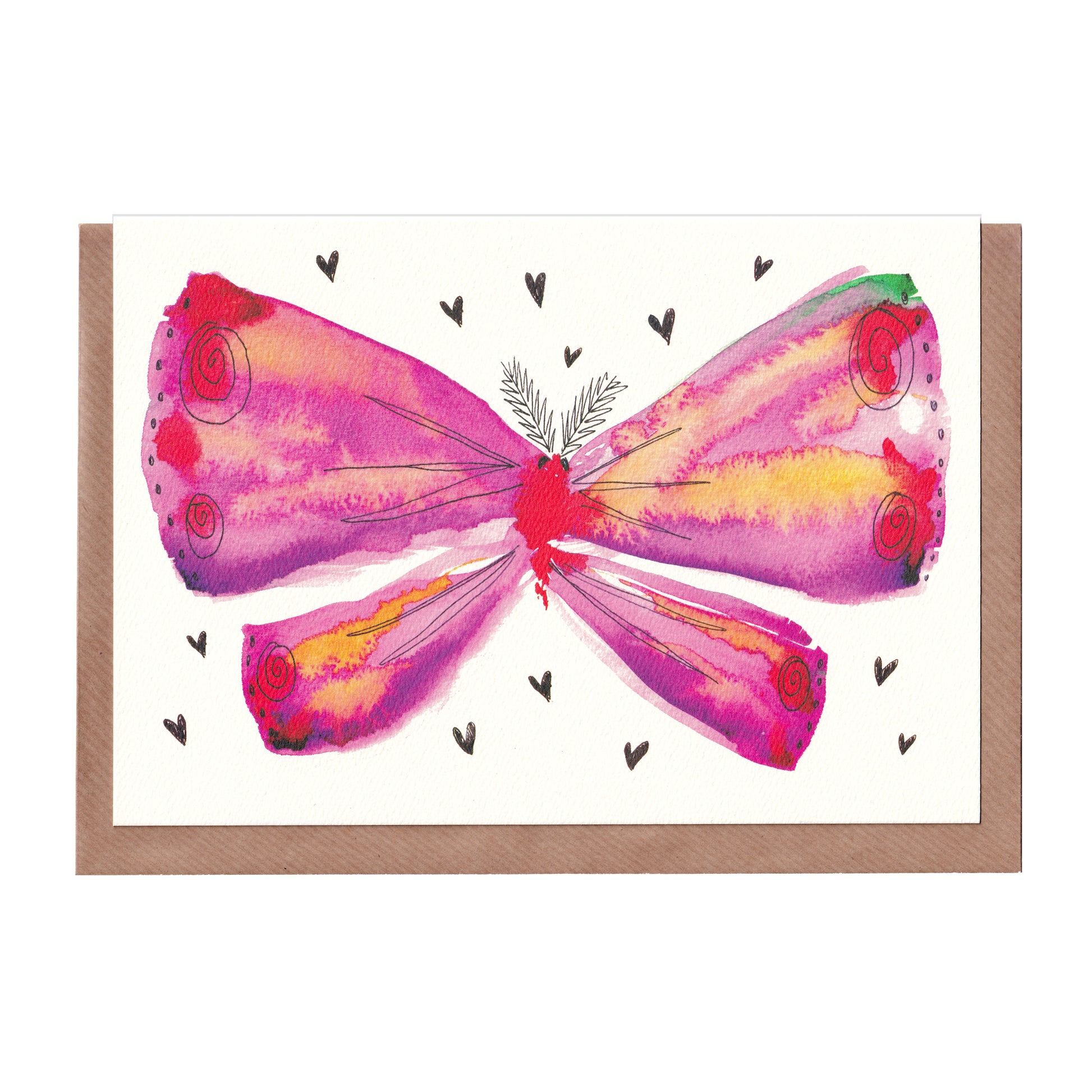 Moth greetings card featuring a vibrant pink watercolour moth illustration, perfect for new baby, new mother, thank you, and love celebrations, A5 size, 300gsm premium card stock, designed by Bella & The Moon.