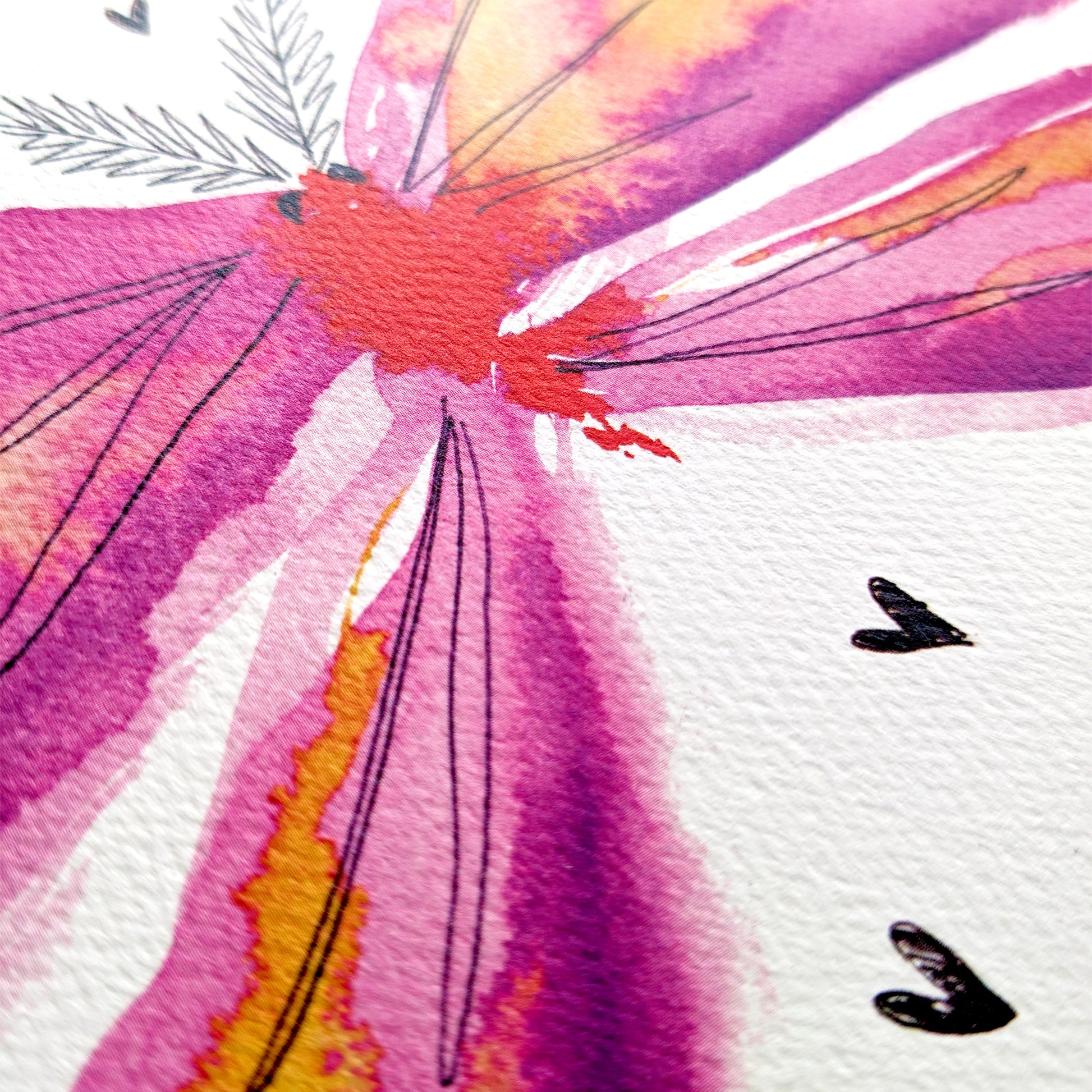 Moth greetings card featuring a vibrant pink watercolour moth illustration, perfect for new baby, new mother, thank you, and love celebrations, A5 size, 300gsm premium card stock, designed by Bella & The Moon.