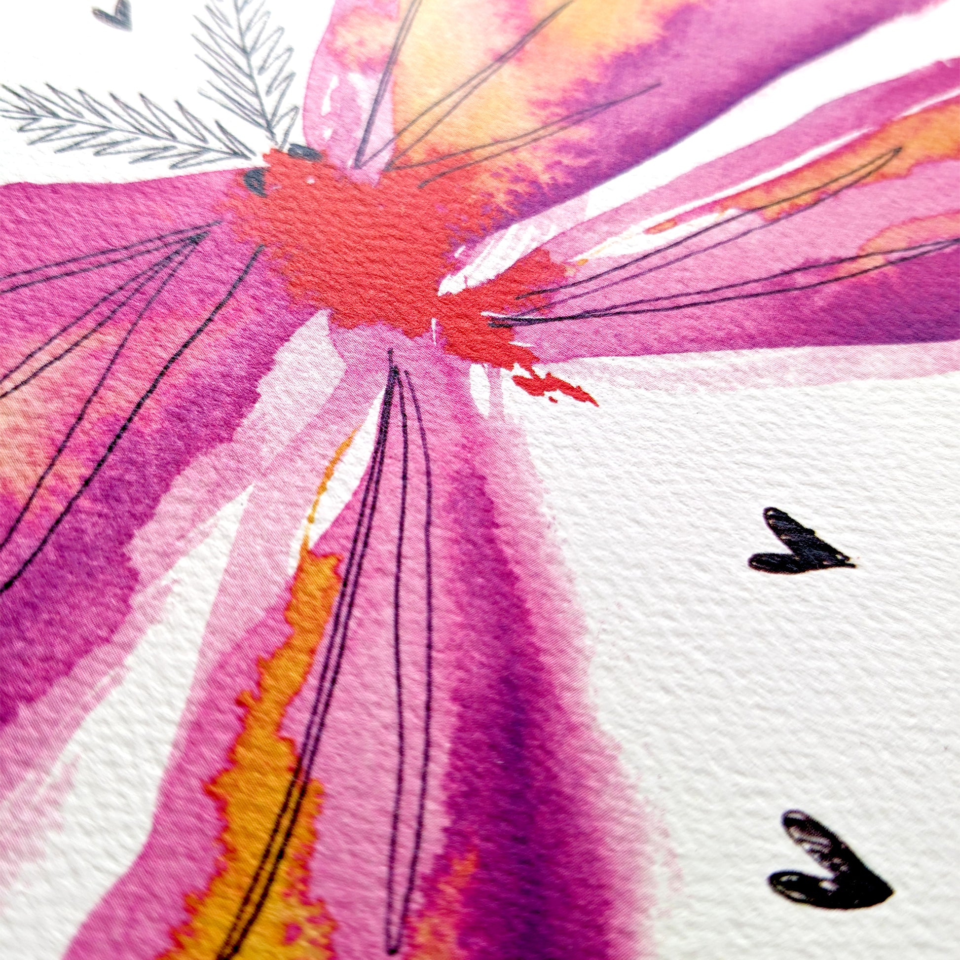 This Moth greetings card features a vibrant, pink, watercolour moth illustration surrounded by love hearts. Perfect for christenings, baby showers, new mums, to say thank you, Mother's day, pink lovers, moth lovers or to celebrate love. A5 in size and printed on premium quality 300gsm card stock. Designed by luxury handmade gifts and stationery brand, Bella & The Moon.