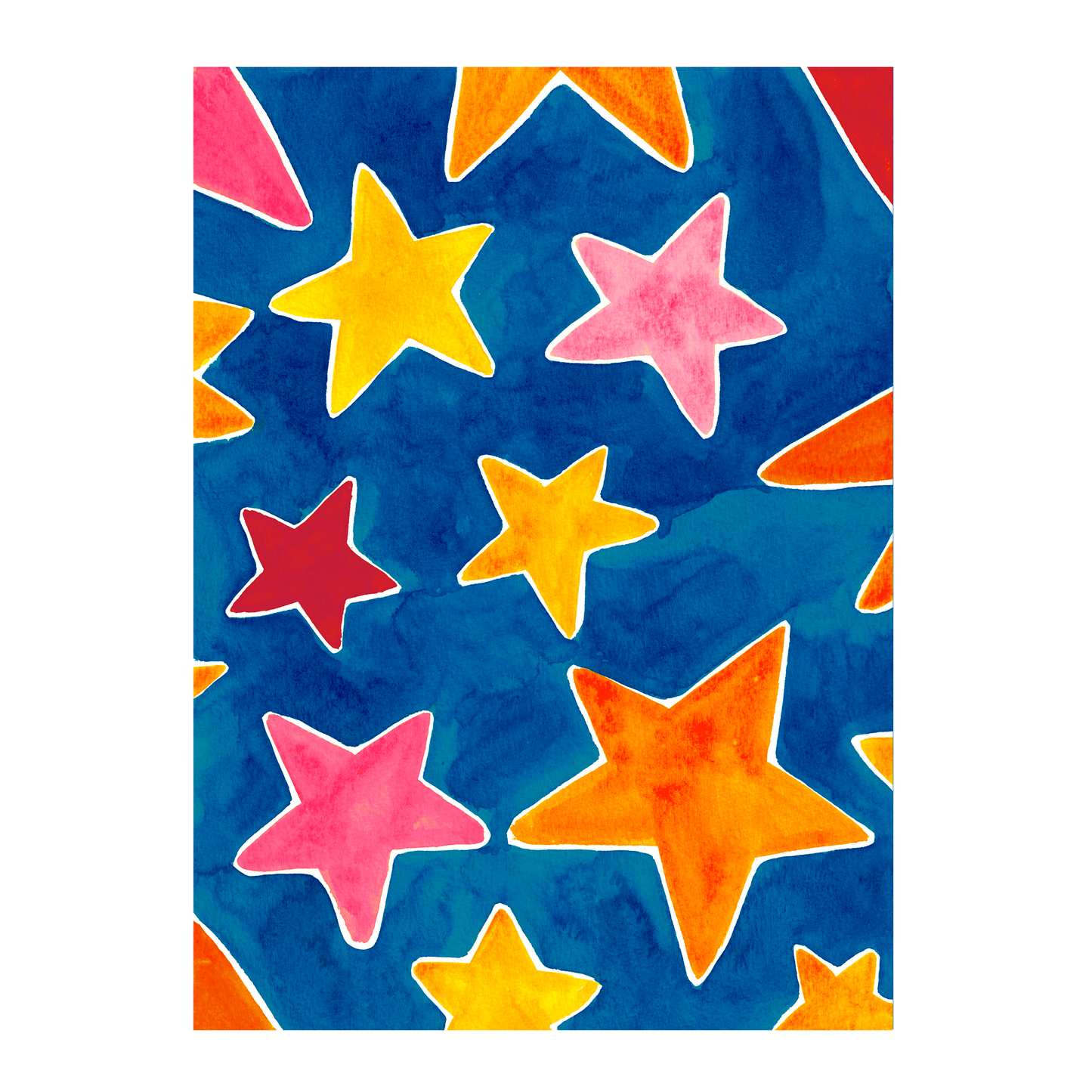 A textured A3 art print of colourful pink, orange and yellow stars in a blue night sky. Colourful wall art and home decor. Bella & The Moon gifts and stationery