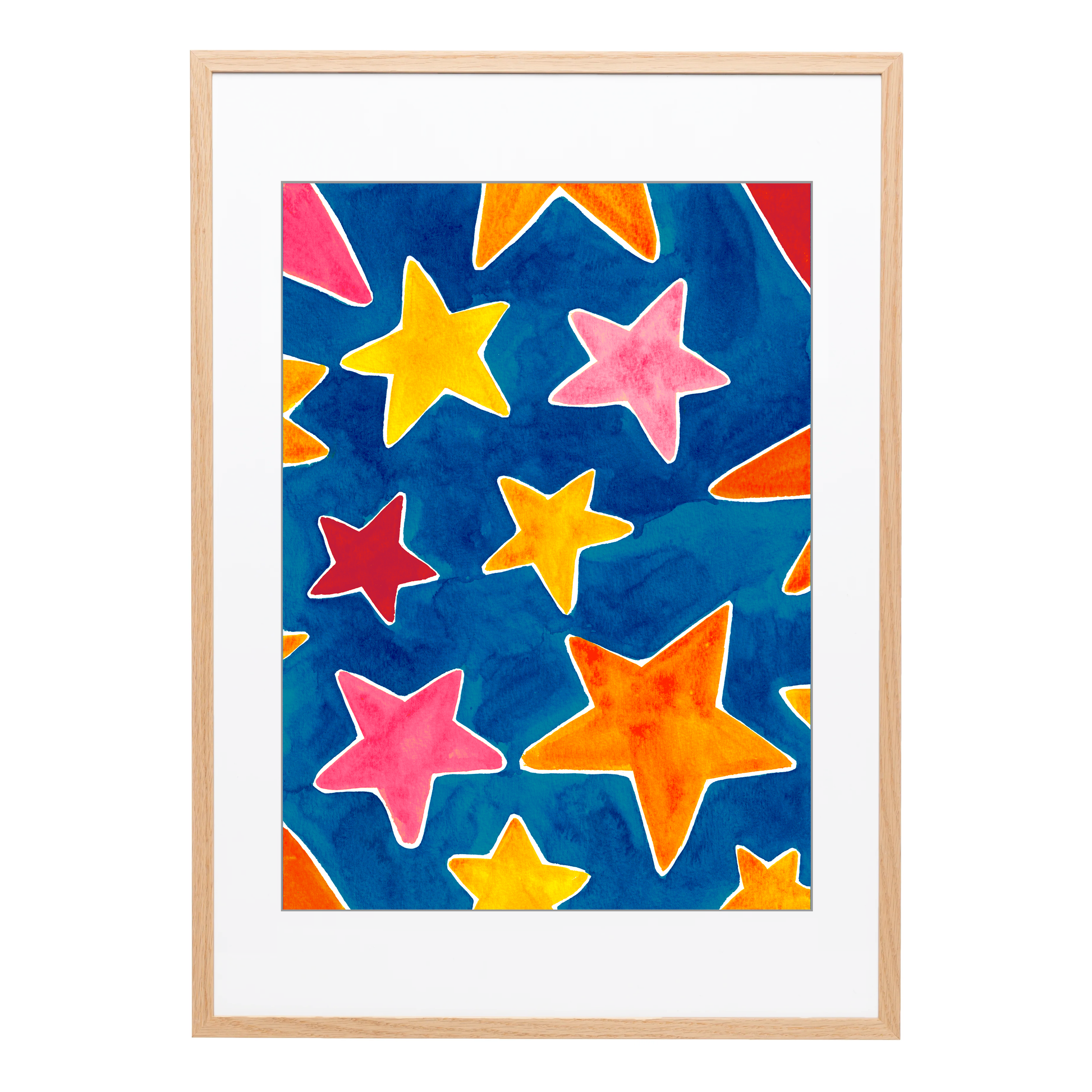 A textured A3 art print of colourful pink, orange and yellow stars in a blue night sky. Colourful wall art and home decor. Bella & The Moon gifts and stationery