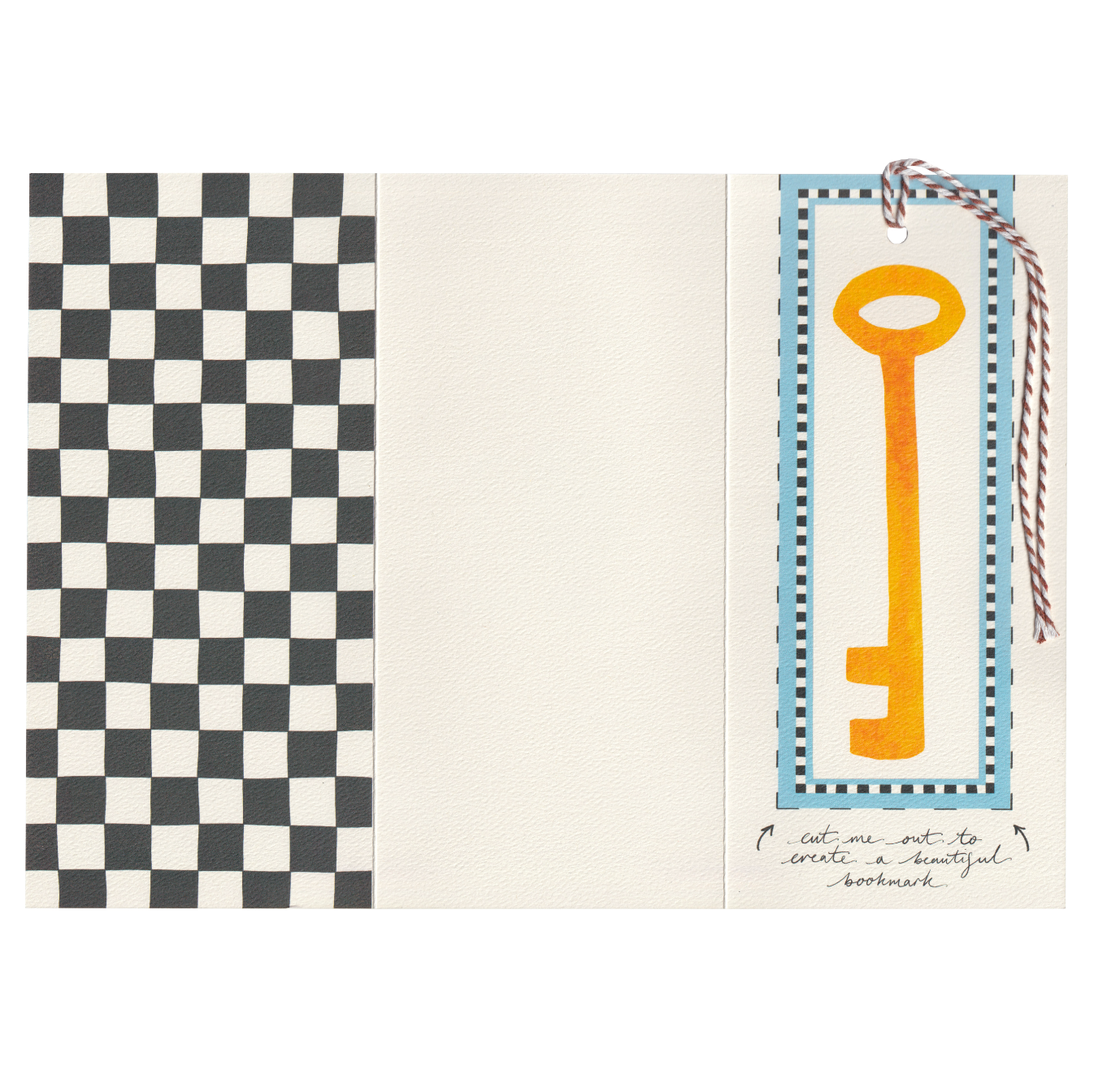A heartwarming new home greetings card for home buyers. It features a house with a bicycle, lamppost and victorian pathway, on an extra special greeting card. The card includes a cut-out bookmark inside with a yellow key illustration. DL in size. Bella & The Moon gifts and stationery 