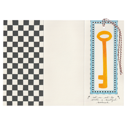 A heartwarming new home greetings card for home buyers. It features a house with a bicycle, lamppost and victorian pathway, on an extra special greeting card. The card includes a cut-out bookmark inside with a yellow key illustration. DL in size. Bella & The Moon gifts and stationery 