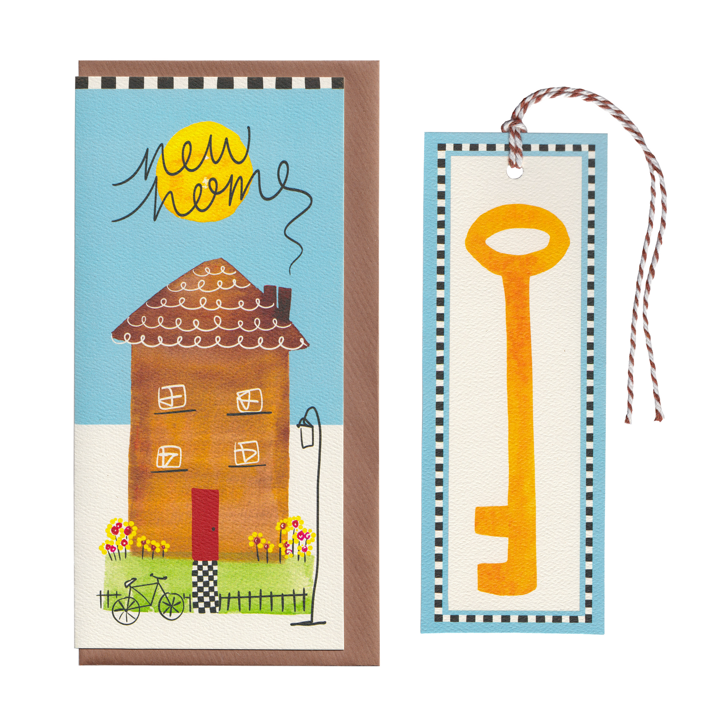 A heartwarming new home greetings card for home buyers. It features a house with a bicycle, lamppost and victorian pathway, on an extra special greeting card. The card includes a cut-out bookmark inside with a yellow key illustration. DL in size. Bella & The Moon gifts and stationery 