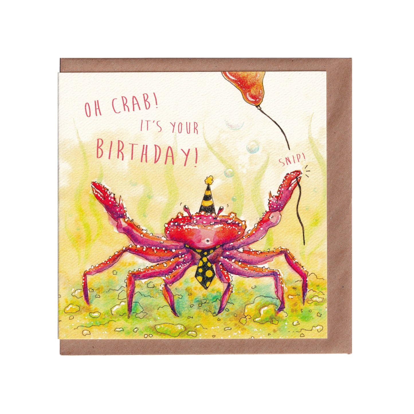 Oh Crab! birthday greetings card featuring a playful crab illustration and pun, perfect for birthday celebrations, ocean lovers, or humorous greetings, 14cm x 14cm size, 300gsm premium card stock, designed by Bella & The Moon.