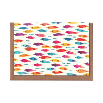 Painted Fish Shoal greetings card featuring a vibrant arty watercolour fish shoal illustration, perfect for ocean lovers, birthdays, or special occasions, A6 size, 300gsm premium card stock, designed by Bella & The Moon.  