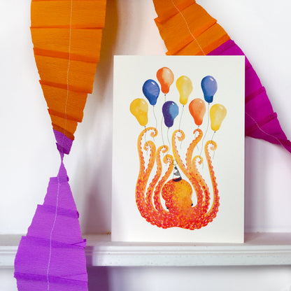 Octopus greetings card featuring a vibrant watercolour octopus illustration, perfect for ocean lovers, party invitations, birthdays, or special occasions, A5 size, 300gsm premium card stock, designed by Bella & The Moon.