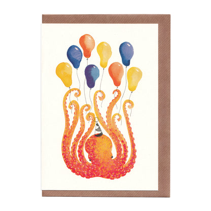 Octopus greetings card featuring a vibrant watercolour octopus illustration, perfect for ocean lovers, party invitations, birthdays, or special occasions, A5 size, 300gsm premium card stock, designed by Bella & The Moon.