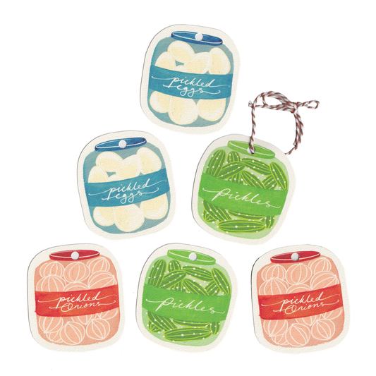 A set of six cut-out jars-of-pickles gift tags on a white background. Featuring pickled eggs, pickled gherkins and pickled onions. Present and gift wrapping. Unique and funny gifting ideas. Bella & The Moon gift and stationery