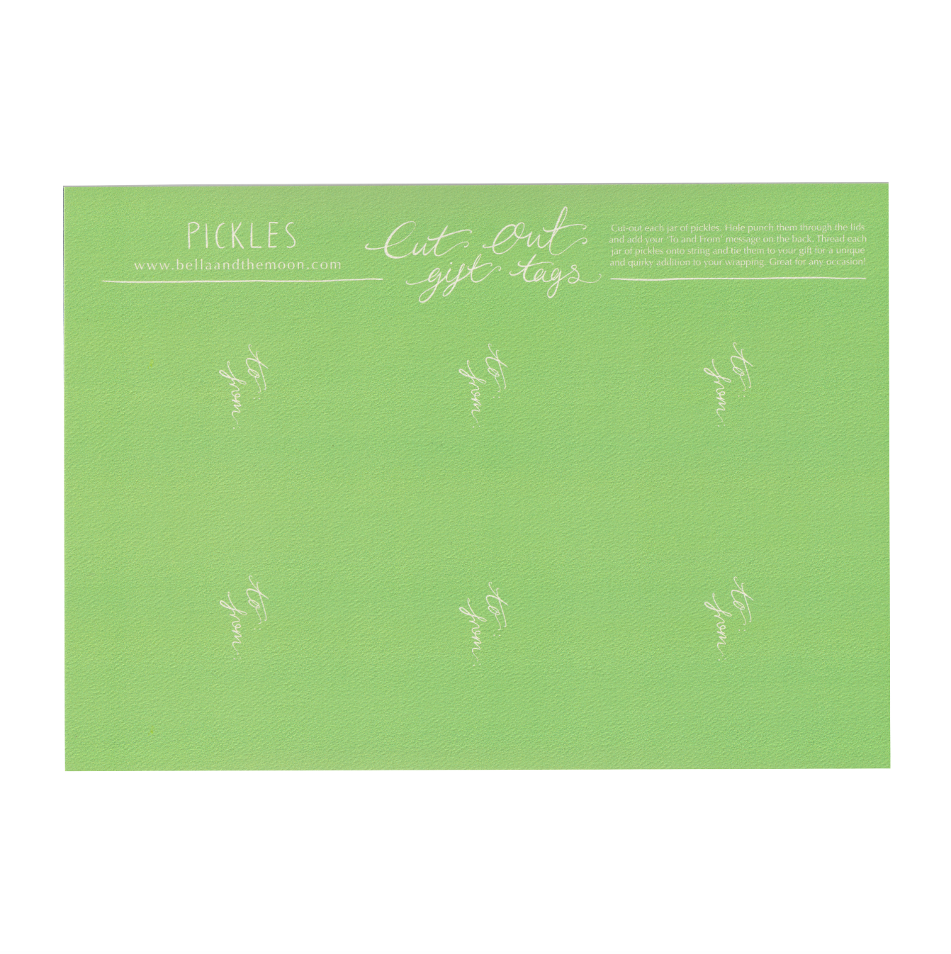The back of a sheet  of six cut-out, jars-of-pickles gift tags on a white background. Featuring pickled eggs, pickled gherkins and pickled onions. Present and gift wrapping. Unique and funny gifting ideas. Bella & The Moon gift and stationery
