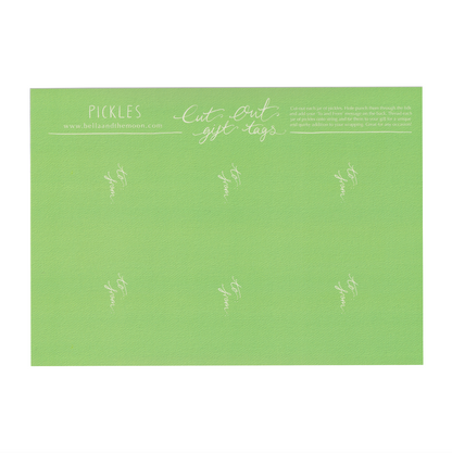 The back of a sheet  of six cut-out, jars-of-pickles gift tags on a white background. Featuring pickled eggs, pickled gherkins and pickled onions. Present and gift wrapping. Unique and funny gifting ideas. Bella & The Moon gift and stationery