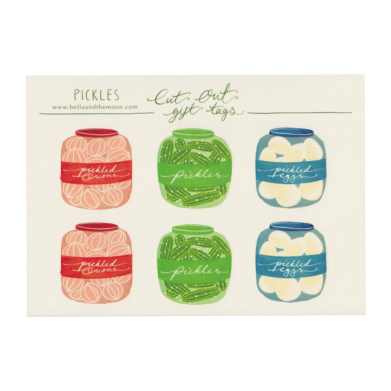 A sheet of six cut-out, jars-of-pickles gift tags on a white background. Featuring pickled eggs, pickled gherkins and pickled onions. Present and gift wrapping. Unique and funny gifting ideas. Bella & The Moon gift and stationery