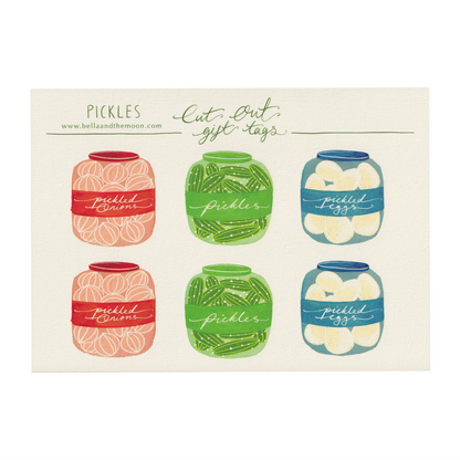 A sheet of six cut-out, jars-of-pickles gift tags on a white background. Featuring pickled eggs, pickled gherkins and pickled onions. Present and gift wrapping. Unique and funny gifting ideas. Bella & The Moon gift and stationery