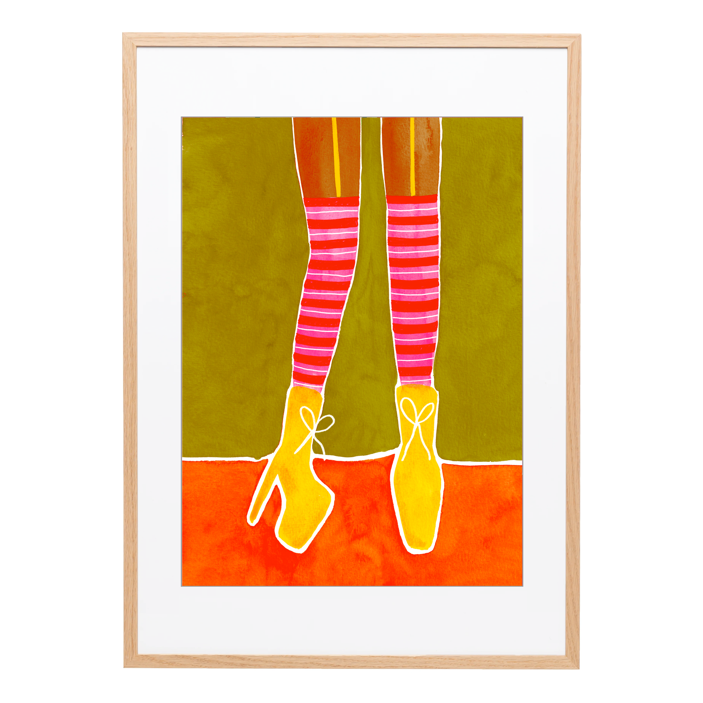 A textured A3 art print of legs wearing pink striped stockings and yellow stiletto's. Funky female empowering wall art for colourful spaces. Bella & The Moon gifts and stationery
