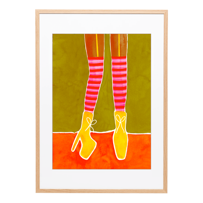 A textured A3 art print of legs wearing pink striped stockings and yellow stiletto's. Funky female empowering wall art for colourful spaces. Bella & The Moon gifts and stationery