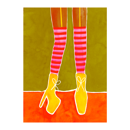 A textured A3 art print of legs wearing pink striped stockings and yellow stiletto's. Funky female empowering wall art for colourful spaces. Bella & The Moon gifts and stationery