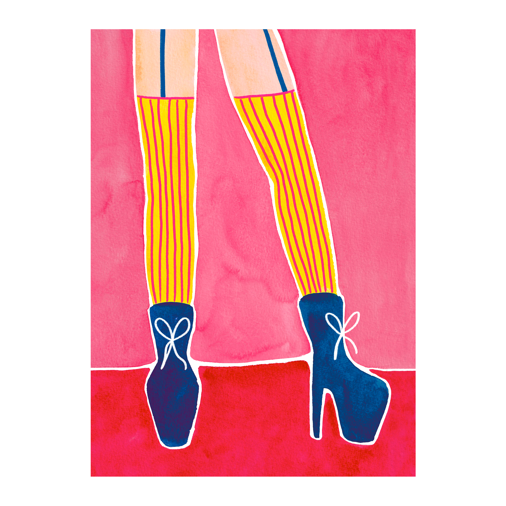 A textured A3 art print of legs wearing yellow striped stockings and blue stiletto's. Funky female empowering wall art for colourful spaces. Bella & The Moon gifts and stationery