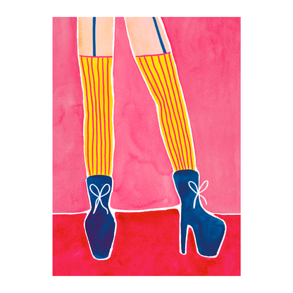 A textured A3 art print of legs wearing yellow striped stockings and blue stiletto's. Funky female empowering wall art for colourful spaces. Bella & The Moon gifts and stationery