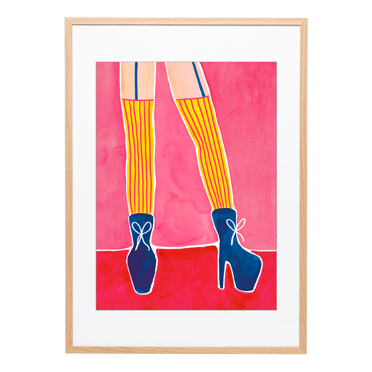 A textured A3 art print of legs wearing yellow striped stockings and blue stiletto's. Funky female empowering wall art for colourful spaces. Bella & The Moon gifts and stationery