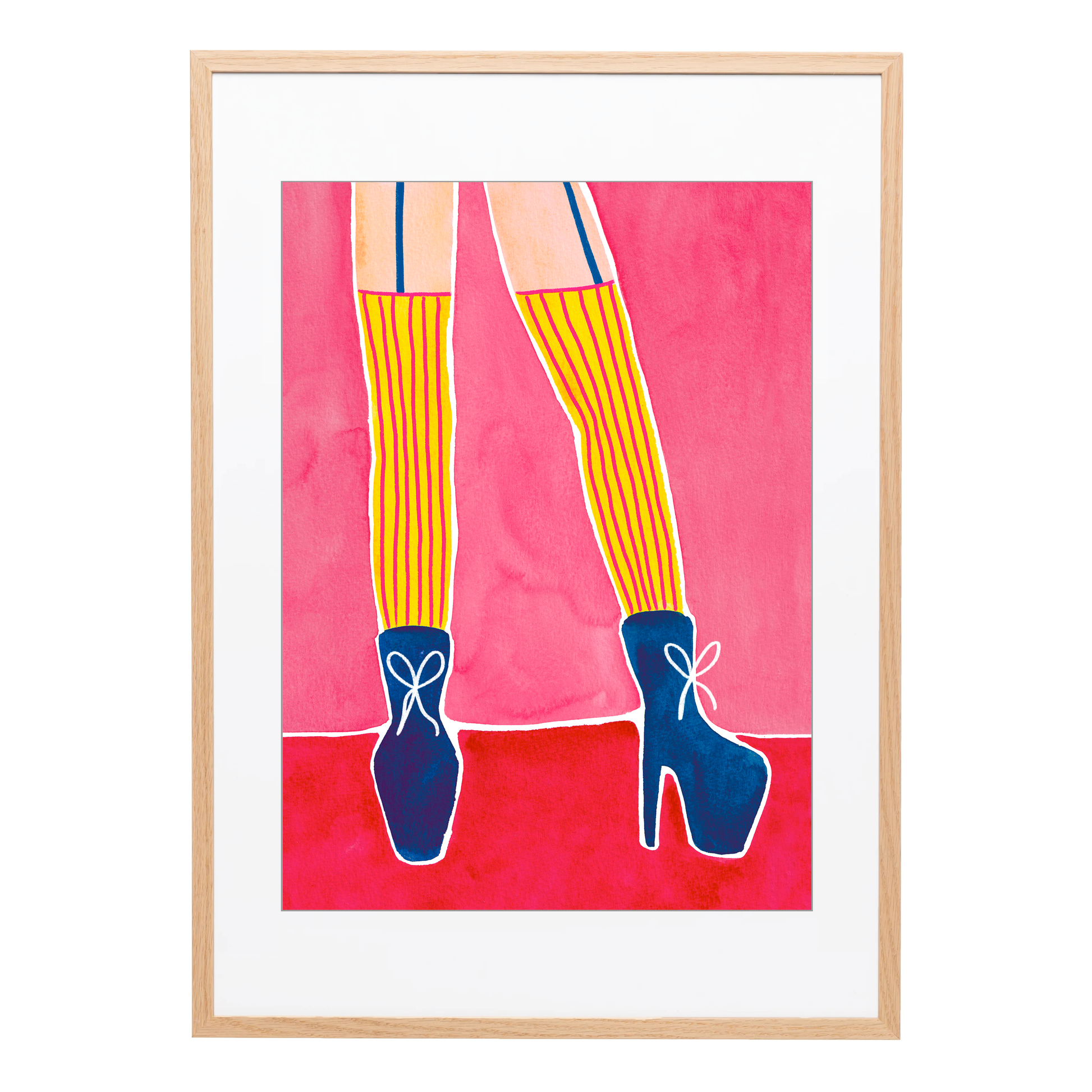 A textured A3 art print of legs wearing yellow striped stockings and blue stiletto's. Funky female empowering wall art for colourful spaces. Bella & The Moon gifts and stationery