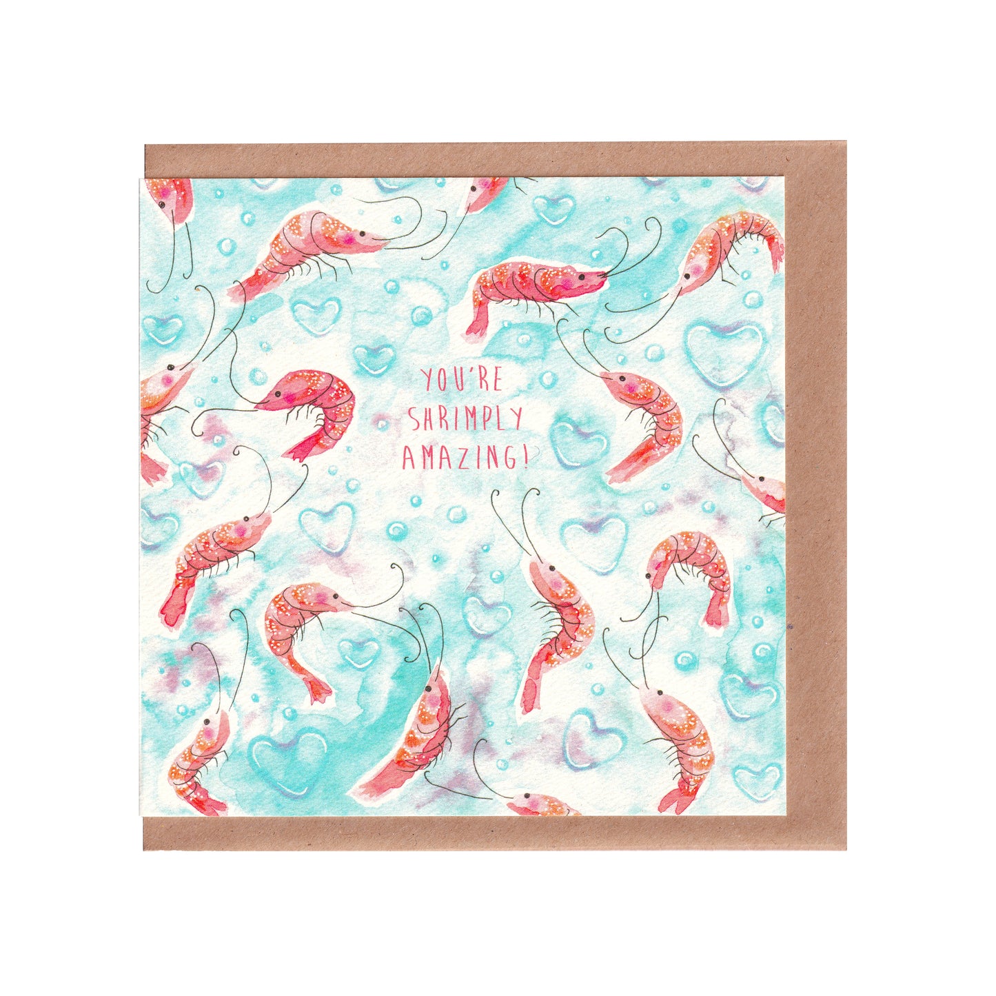 Shrimply Amazing greetings card featuring a playful shrimp illustration and pun, perfect for birthdays, special occasions, or seafood lovers, 14cm x 14cm size, 300gsm premium card stock, designed by Bella & The Moon.