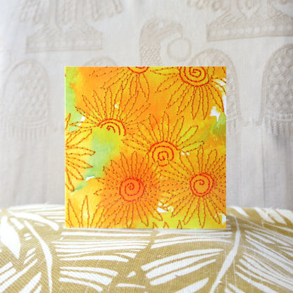 If Smiles Were Sunflowers greetings card featuring a vibrant embroidered sunflower design, perfect for spreading joy and positivity, 14cm x 14cm size, 300gsm premium card stock, designed by Bella & The Moon.