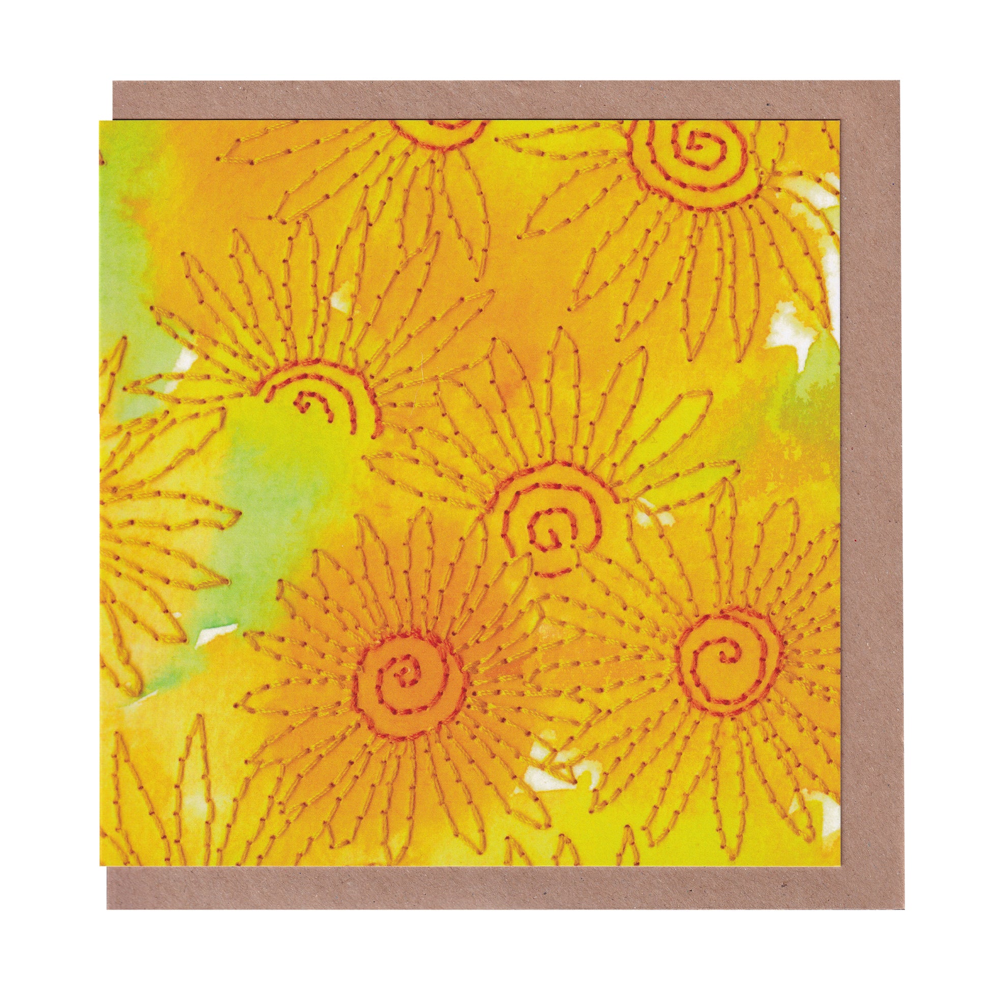 If Smiles Were Sunflowers greetings card featuring a vibrant embroidered sunflower design, perfect for spreading joy and positivity, 14cm x 14cm size, 300gsm premium card stock, designed by Bella & The Moon.