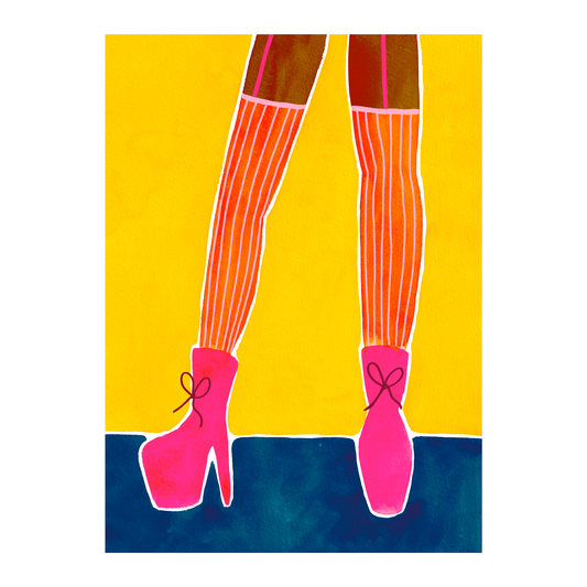 A textured A3 art print of legs wearing orange striped stockings and pink stiletto's. Funky female empowering wall art for colourful spaces. Bella & The Moon gifts and stationery