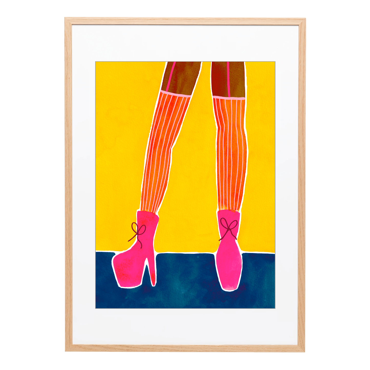 A textured A3 art print of legs wearing orange striped stockings and pink stiletto's. Funky female empowering wall art for colourful spaces. Bella & The Moon gifts and stationery